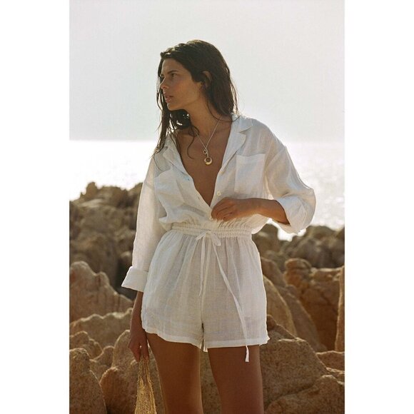 VITAMIN A Getaway Long Sleeve Linen Cover-Up Romper in White Eco Linen Large - Picture 1 of 14